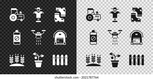 Set Tractor, Scarecrow, Waterproof rubber boot, Wheat, Plant in pot, Garden fence wooden, sprayer for fertilizer and Smart farm with drone icon. Vector