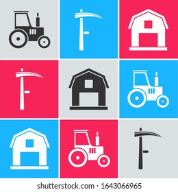 Set Tractor, Scythe and Farm House concept icon. Vector