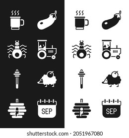 Set Tractor, Spider, Cup of tea, Eggplant, Honey dipper stick, Hedgehog, September calendar autumn and Hive for bees icon. Vector