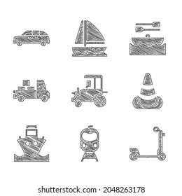 Set Tractor, Train and railway, Scooter, Traffic cone, Cargo ship, Delivery truck, Boat with oars and Hatchback car icon. Vector