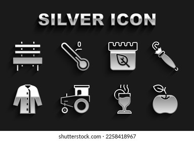Set Traktor, Regenschirm, Apfel, Mullwein, Regenmantel, Kalender mit Herbstblättern, Bench und Meteorologie Thermometer Symbol. Vektorgrafik