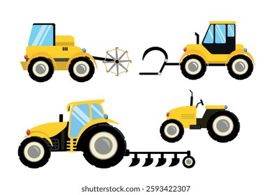 Set of tractor vehicles in cartoon style. Vector illustration of tractors of different shapes and sizes with plow,round cutter,cultivator isolated on white background. Agricultural machinery.Tillage.
