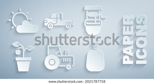 Set Tractor, Well\
with bucket, Plant in pot, Full sack, Pickup truck and Sun and\
cloud weather icon. Vector