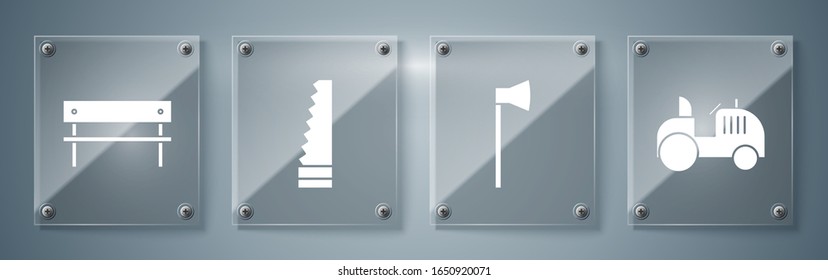 Set Tractor, Wooden axe, Garden saw and Bench. Square glass panels. Vector