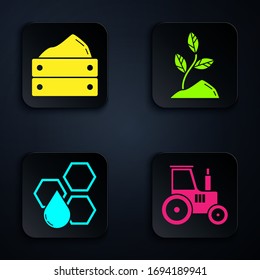 Set Tractor, Wooden box with harvest, Honeycomb and Sprout. Black square button. Vector