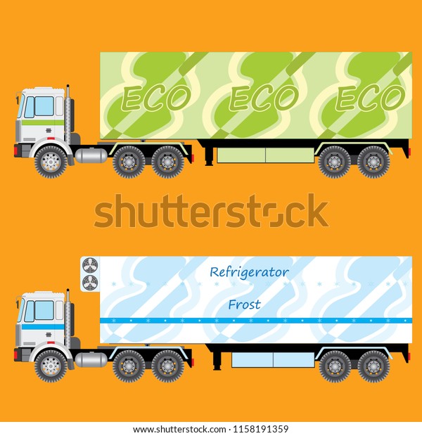 Set of tractors\
with the front cabin with semi-trailers. Ecological van and \
refrigerator on an orange\
background