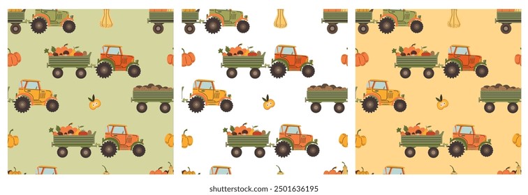 Satz von Zugmaschinen-Mustern. Thanksgiving-Dekoelemente. Herbstbauernhof Hintergrund.
Erntezeit.  Hintergrund der landwirtschaftlichen Arbeit. 