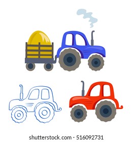 set of tractors, trailers, linear contour. vector illustration