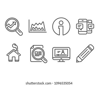 Set of Trade chart, Smartphone sms and Check article icons. Analytics, Online video and Pencil signs. Market data, Mobile messages, Magnifying glass. Audit analysis, Video exam, Edit data. Vector