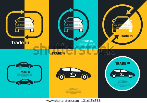 Set of Trade in concept.\
Exchange of the car with surcharge. Concept get prettier\
transactions it is made with the vehicle. Vector element of\
graphical design 