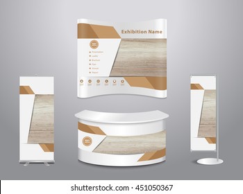 Set of trade exhibition stand with cover presentation abstract geometric background, With texture of wood background, vector illustration ( Image trace of wooden background )
