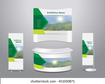 Set of trade exhibition stand with cover presentation abstract geometric background, With mountain landscape and blue sky background, Vector illustration modern design layout template