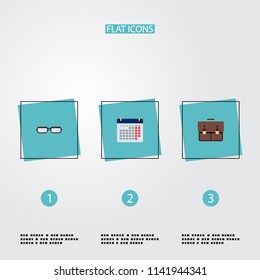Set of trade icons flat style symbols with glasses, case, date and other icons for your web mobile app logo design.