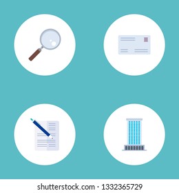 Set of trade icons flat style symbols with document with pen, loupe, business center and other icons for your web mobile app logo design.