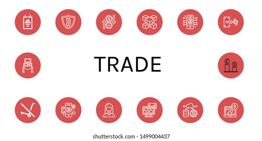 Set of trade icons such as Poster, Bitcoin, Exchange, Blockchain, No trolley, Marketing director, Analysis, Cryptocurrency, Exhibition , trade
