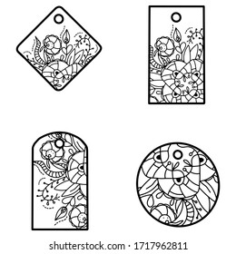 Conjunto de etiquetas comerciales con adorno. Etiquetas vectoriales para banners y volantes de diseño. Ilustraciones negras y blancas aisladas en fondo blanco.