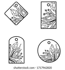 Conjunto de etiquetas comerciales con adorno. Etiquetas vectoriales para banners y volantes de diseño. Ilustraciones negras y blancas aisladas en fondo blanco.