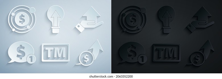 Set Trademark, Money on hand, Speech bubble with dollar, Financial growth coin, Light bulb and Target symbol icon. Vector