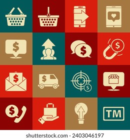 Set Trademark, Online shopping concept, Magnet with money, Smartphone, mobile phone, Growth chart and progress people crowd, Speech bubble dollar, Shopping basket and  icon. Vector