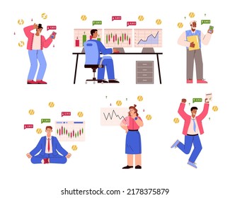 Conjunto de caracteres de los comerciantes estilo plano, ilustración vectorial aislada en fondo blanco. Reacción emocional al aumento y la caída de las acciones, inversiones, análisis de mercado