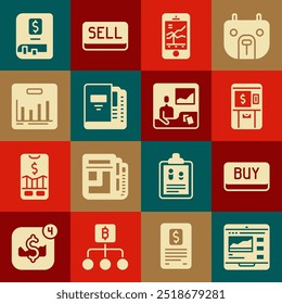 Establecer cursos de Trading, Comprar Botón, ATM y dinero, Comercio de acciones móviles, carpetas de oficina, infografía de gráfico circular, libro financiero e icono. Vector