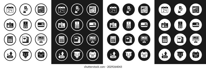 Set Trading Courses, Mobile Stock Trading, Identification Badge, Calendar, Credit Card, Hand Holding Bitcoin, Computer With Growth Graph And Calculator Icon. Vector