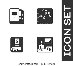 Establecer cursos de operaciones, carpetas de Office, libro financiero y navegador con el icono de gráfico de crecimiento. Vector