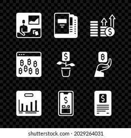 Juego de cursos de operaciones, carpetas de Office, Crecimiento financiero y dólar, infografía de gráfico circular, Mobile with, informe de finanzas empresariales, navegador de Bitcoin e icono de planta en dólares. Vector