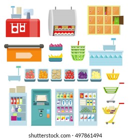 Set of trading equipment for shop vector. Flat style. Collection of furniture, inventory, products for grocery store. ATM, register, lockers, scales, refrigerator, truck, basket, food illustrations.