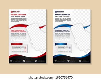 set of trading software flyer template design use vertical layout. red, blue and black gradient on element. grey white gradient with space for photo collage. 
