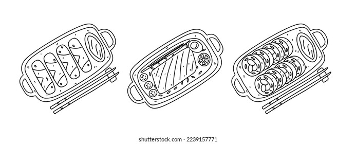 Set of tradition asian food on ceramic plates with chopsticks in hand drawn doodle style. Top view. Vector illustration.