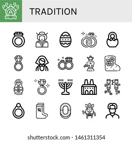 Set of tradition icons such as Incense burner, Ring, Geisha, Easter egg, Wedding ring, Matryoshka, Russian, Wedding rings, Samovar, Valenki, Matryoshka doll, Diamond ring , tradition