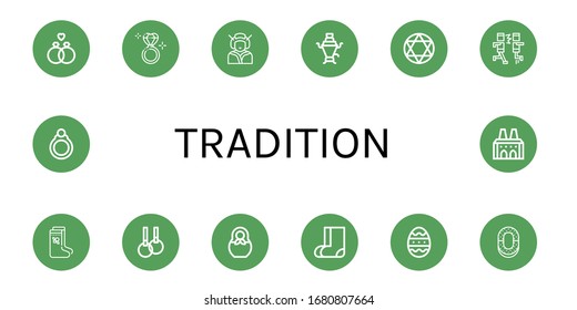 Set Of Tradition Icons. Such As Wedding Ring, Diamond Ring, Geisha, Samovar, Torah, Mosh, Valenki, Rings, Matryoshka, Easter Egg, Ring, National Palace Of Sintra , Tradition Icons