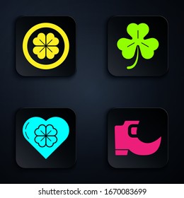 Set Tradition leprechaun boots, Gold coin with four leaf clover, Heart with four leaf clover and Four leaf clover. Black square button. Vector