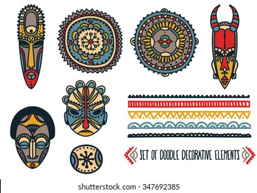 Set Of Traditional African Masks And African Ornaments, Vector Illustration