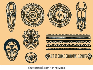 set of traditional african masks and african ornaments, vector illustration