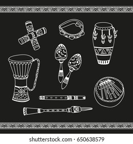 Set of traditional African musical instruments. Hand draw graphic illustration.