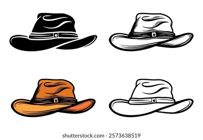 Set of Traditional American Cowboy Hats – Rustic Leather, Silhouettes, Line Art, Shaded, and Colored Texas Sheriff Styles