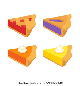 Set of traditional American pies: Pumpkin, Lemon, Strawberry and Blueberry pie. Flat cartoon vector illustrations.