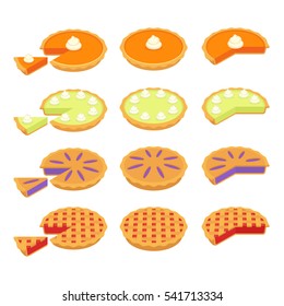Set of traditional American pies: Pumpkin, Key Lime, Strawberry or Cherry and Blueberry pie. Whole and cut slices. Flat cartoon vector illustrations.