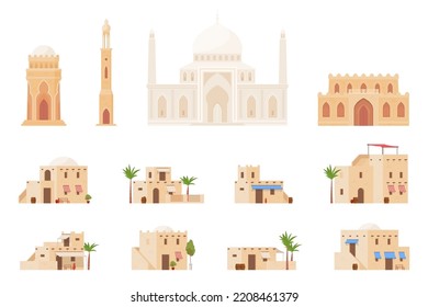 Set of traditional Arabian buildings. Islamic architecture. Huts in hot Arab lands. Vector illustration