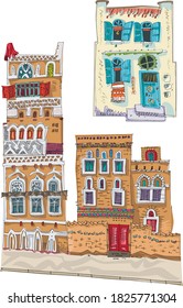 A set of traditional arabian, Yemen and Morocco architecture. Cartoon, caricature. Hand drawn traced to vector and colored sketch.