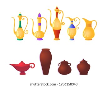 Set of traditional Arabic jugs and magical genie lamp. Vector illustration in cartoon style.