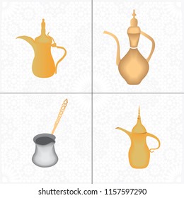 Set of Traditional Arabic Lebanese, Turkish Golden Coffee Pots - Vector Illustration Icon Isolated