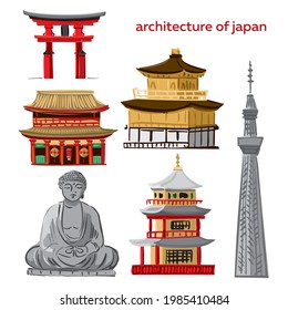 Set of traditional architectural symbols of Japan is isolated in white. Collection of Oriental buildings, temples, pagodas, towers, buddhist statue for tourist maps, promo. Cartoon vector illustration