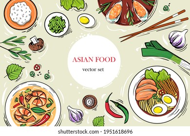 Set of traditional Asian dishes - rice, ramen, spicy shrimp soup, mussels. Delicious national Korean and Thai food - noodles with meat, eggs, herbs, shiitake mushrooms, baked oysters, perilla leaves