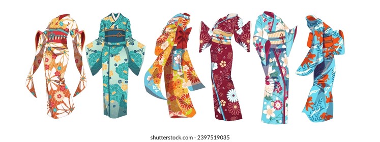 Set of traditional Asian, Japanese clothes kimono. Summer clothing - yukata. Vector illustration on isolated background