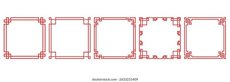 Set of traditional Asian square frames in red. Vector line art with classic ornamental designs. Perfect for borders, invitations, decorations, or cultural graphic elements.
