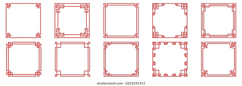 Set of traditional Asian square frames in red. Vector line art with classic ornamental designs. Perfect for borders, invitations, decorations, or cultural graphic elements.