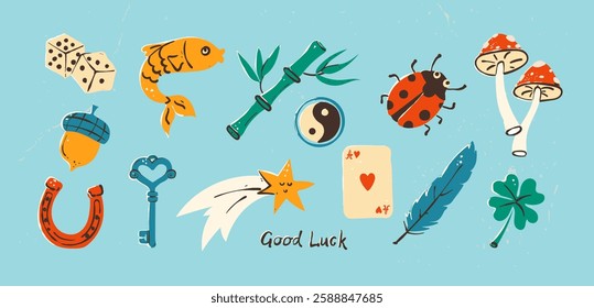 Set of traditional and Asian symbols of good luck. Vector illustrations of elements that bring wealth and prosperity. Collection of flat elements on isolated background.